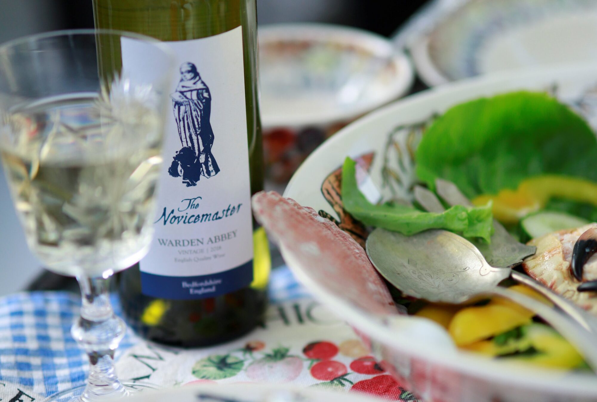 Warden Abbey Novicemaster white wine and bottle.